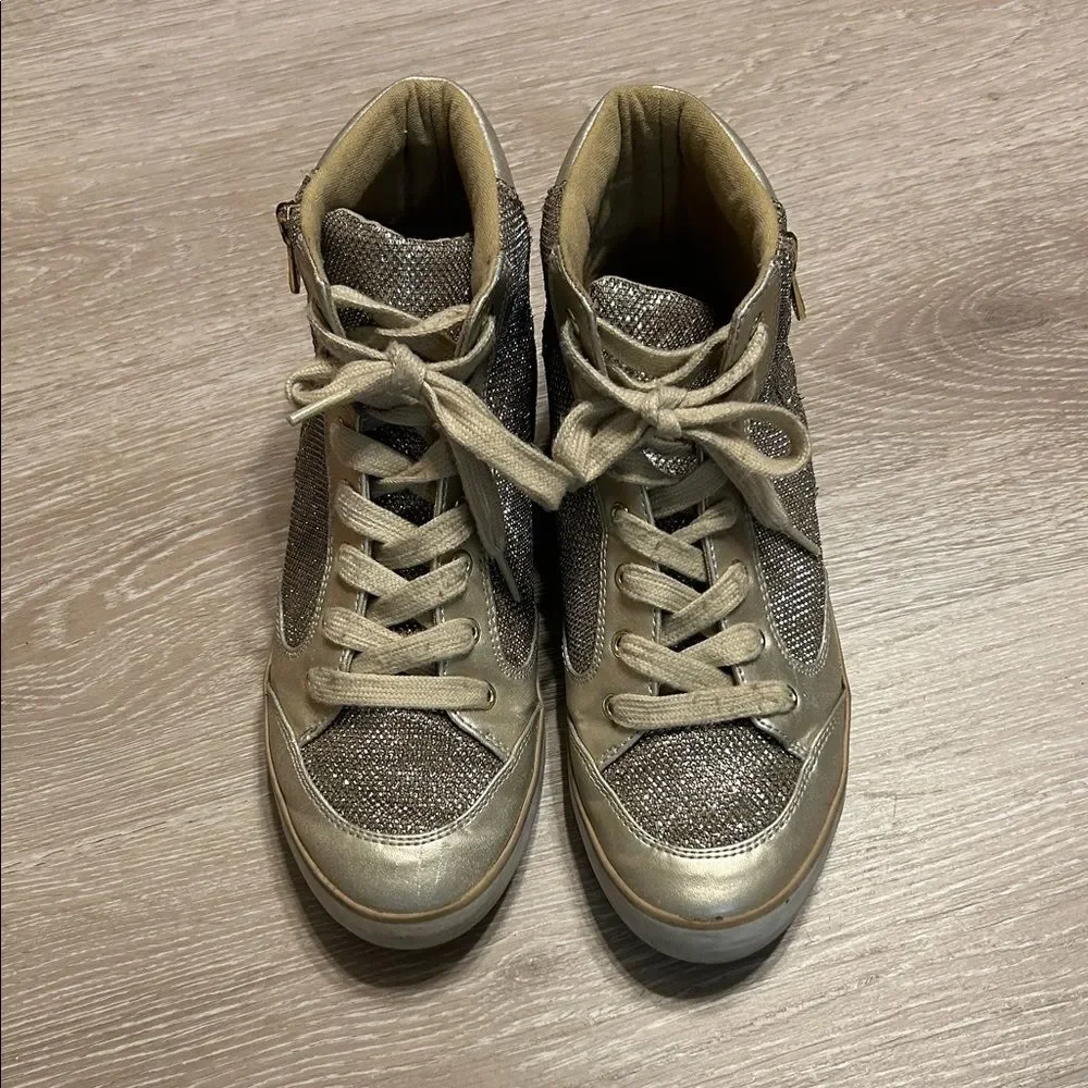 Guess Gold Metallic Shimmer High-Top Sneakers Sz 7